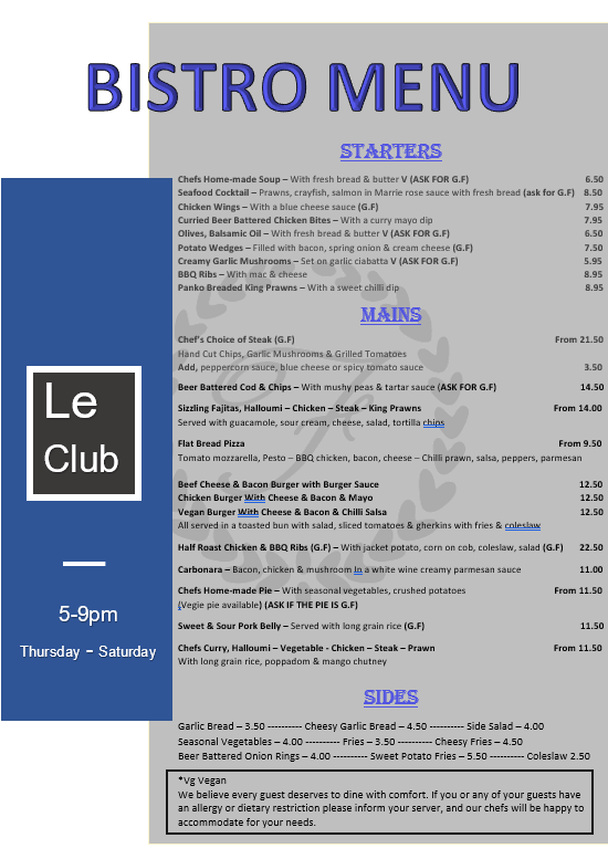 bistro menu Foxhunter Park